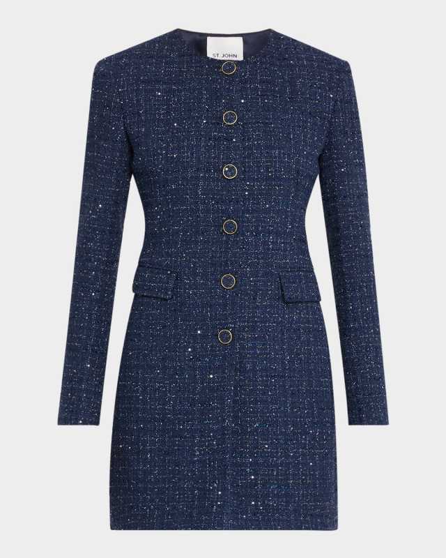 Sequined Micro Check Tweed Long Jacket